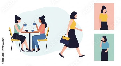 Women socializing and enjoying coffee at a cafe with a walking woman and solo portraits modern lifestyle and friendship concept