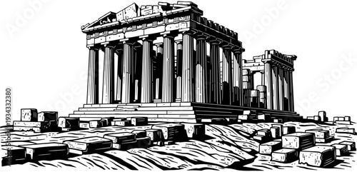 Parthenon temple ancient Greek architecture landmark on Acropolis Athens Greece historic ruins vector silhouette black and white illustration drawing design