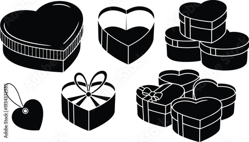 Minimalist flat icon set heart shaped gift boxes top view and angled perspective with ribbon tag isolated on white background romantic packaging silhouettes vector simple solid
