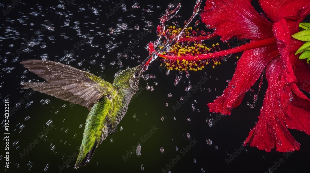 Fototapeta premium A hummingbird is drinking water from a red flower. The flower is surrounded by water droplets, giving the scene a serene and peaceful atmosphere