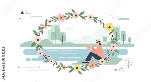 Person in Hat Sitting by Water Surrounded by Floral Wreath, Flat Design
