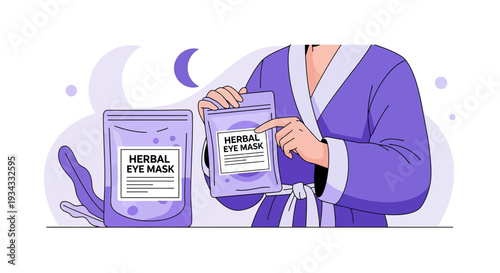 Person in Robe Holding Herbal Eye Mask Packaging, Skincare Concept