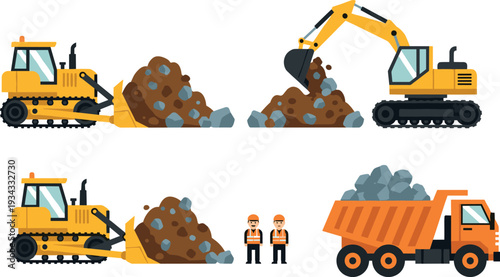 Construction machinery working at building site with excavator bulldozer dump truck and workers moving soil and rocks heavy equipment vector illustration