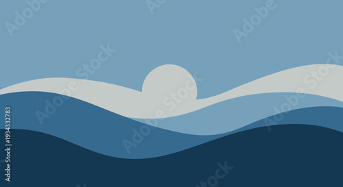 Abstract Layered Blue Ocean Waves with Stylized Sun, tranquil marine landscape on a dark blue background