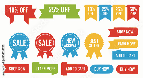 Dynamic Collection of Colorful Sale and Promotion Buttons, call to action badges on an isolated white background