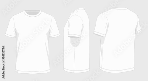 Blank White Men's T-Shirt Mockup, front back and side views, ready for design on an isolated light gray background