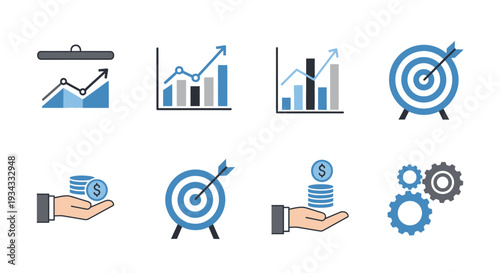 Set of Blue Business and Data Analytics Icons with Charts, Target and Money in Hand Isolated White Background