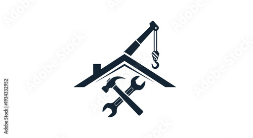 Construction Industry Logo with House Roof, Crane Hook, Hammer and Wrench Isolated White Background