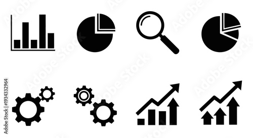 Set of Black Business and Data Analytics Icons Isolated White Background