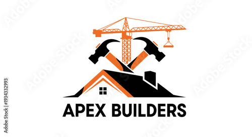 Apex Builders Construction Logo with House Roof, Crane and Two Hammers in Orange and Black Isolated White Background