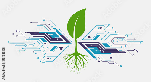Eco-Friendly Technology Green Leaf and Roots with Circuit Board Pattern on a Light Grey Background