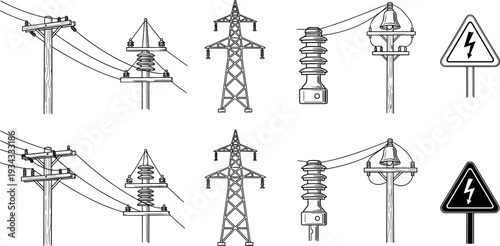 Electric power infrastructure silhouettes collection featuring transmission towers, utility poles, insulators and high voltage warning sign representing electricity grid and energy distribution system