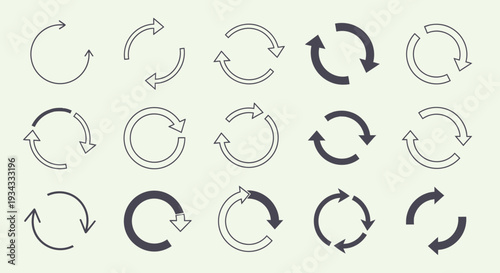 Collection of refresh, reload, and redo circular arrow icons in outline and solid styles, on light green background.