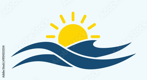 Stylized sun with rays rising over ocean waves, depicting a bright sunrise and coastal scene, in bright studio.