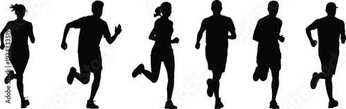 Silhouette collection of runners, male and female, athletic motion, jogging, sprinting, exercise posture, vector illustration, design resource