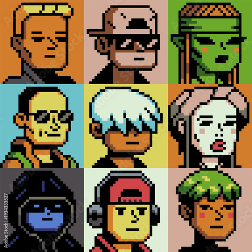 Pixel art character portraits in retro 8-bit style avatars faces, game characters, profile icons, UI assets, NFT projects, stickers, and indie digital content.