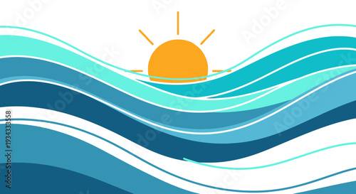 Vector illustration of a summer background with sun and blue ocean waves over the sea beach design