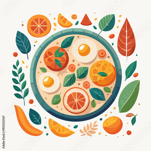 A Vibrant Breakfast Bowl Featuring Eggs, Oranges, and Fresh Greens