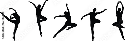 Ballet dancer silhouettes in elegant jumping poses, graceful male and female classical dance figures isolated on white background