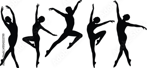 Graceful ballet dancer silhouettes in expressive poses and jumps, elegant classical dance figures isolated on white background illustration