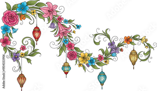 Colorful floral wreath illustration with hanging lanterns, decorative flower arrangement design isolated on white background for festive decoration