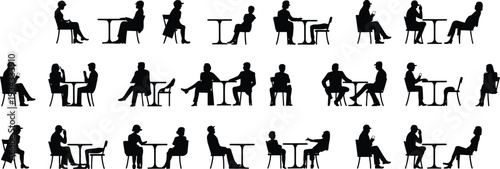 Silhouette collection of people sitting at tables, café interaction, social behavior, conversation posture, public space design, vector illustration