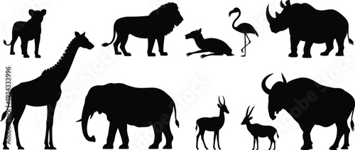 Silhouette collection of African animals, lion, elephant, giraffe, gazelle, flamingo, rhinoceros, wildebeest, safari wildlife, vector illustration, design resource