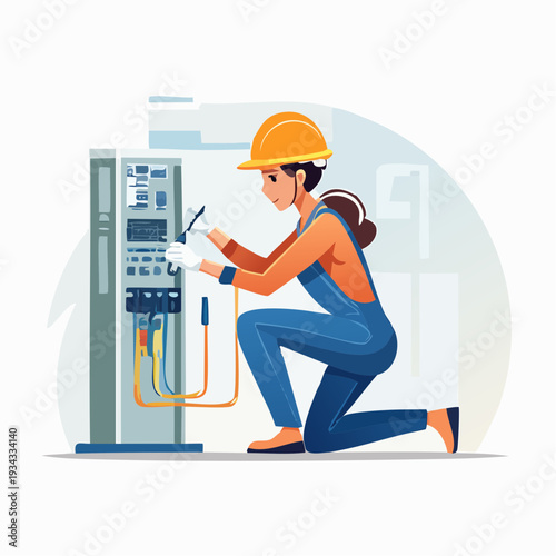 Female electrician working on electrical panel, industrial, skilled profession, safety