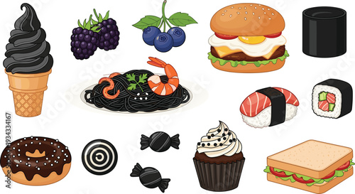 Black and Dark Food Collection with Burger, Sushi, Shrimp Pasta, Donut, Cupcake and Ice Cream Vector Illustration Set