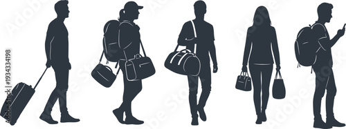 Travelers silhouettes carrying backpacks and luggage bags, men and women walking isolated on white background travel concept illustration