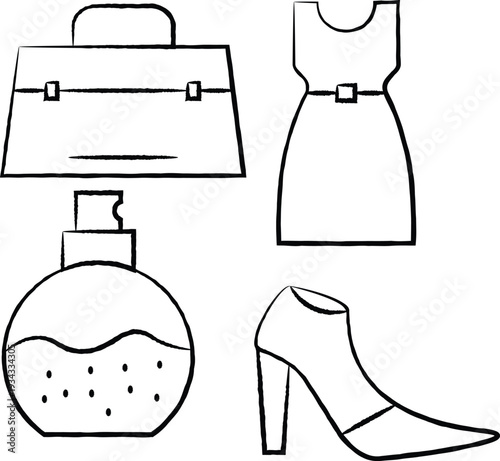 vector illustration of a set of fashion accessories, A set of 40 black and white clothing and accessories icons arranged in  a white background.