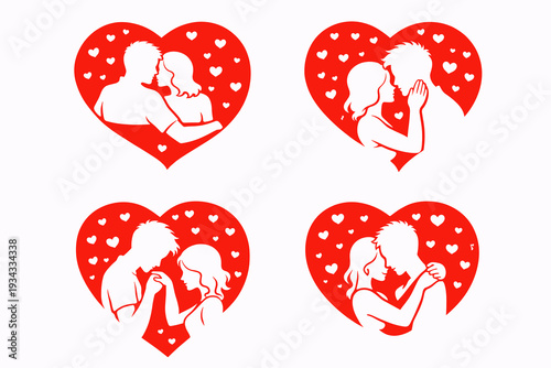 Romantic couple silhouettes inside red hearts with tiny hearts: embrace behind, gentle face touch, slow dance, and holding hands. Vector scenes for anniversary, dating apps, posters.
