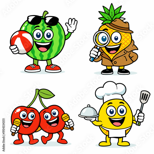 Cute mascot set with strawberry artist holding palette and grape superhero in cape. Creative education and power concept for children, food character stickers and branding.