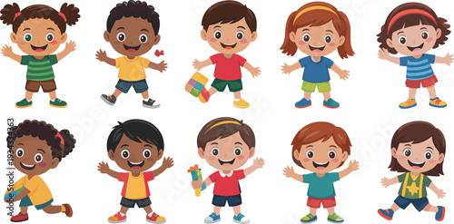 Cute cartoon children characters set, happy diverse kids illustration collection isolated on white background for preschool education design