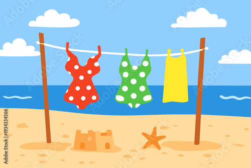 Flat beach clothesline with two polka dot swimsuits and yellow towel drying in sea breeze, plus sandcastle and starfish. Concept of swimwear fashion, seaside vacation, laundry. Beach icon.