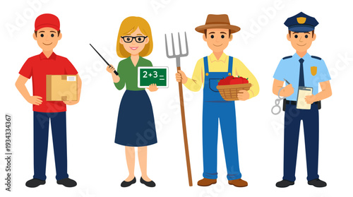 Flat vector set of four professional characters: delivery courier with package, teacher with chalkboard, farmer with pitchfork and apples, and police officer with clipboard, on white.
