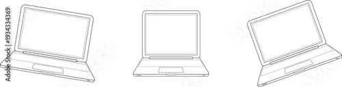 Three laptop computer wireframe outlines are displayed against transparent background with different orientations, offering versatile digital device mockups