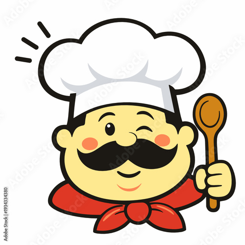Smiling chef mascot with mustache, red scarf and tall hat, winking while holding a wooden spoon. Great for recipes, cooking classes, cookware ads, and restaurant branding.