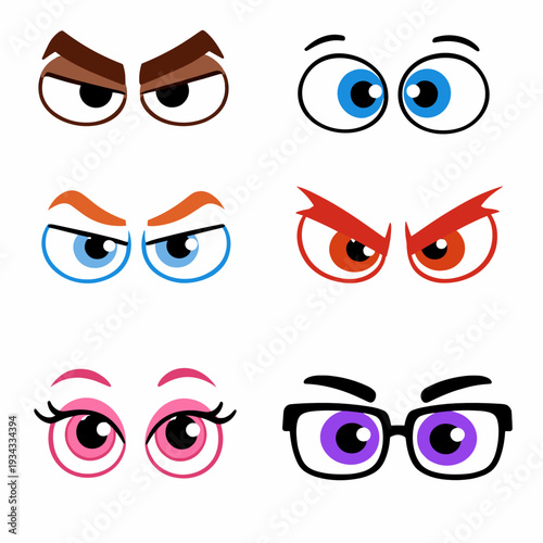Set of six cartoon eye pairs with different emotions, including angry, curious, flirty and nerdy glasses look. Flat vector facial expression elements.