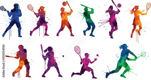 Sports, Athletes, Silhouettes, Baseball, Tennis, Lacrosse, Softball, Cricket, Players, Action, Colorful, Splash, Vector, Illustration, Graphic, Design, Collection, Set, Dynamic, Isolated