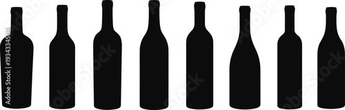 Silhouette collection of bottles, diverse shapes, neck and base variations, design resource, packaging study, vector illustration, product symbol