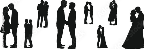 Silhouette collection of couples, romantic poses, kissing, hugging, holding hands, wedding attire, intimacy symbol, vector illustration, design resource