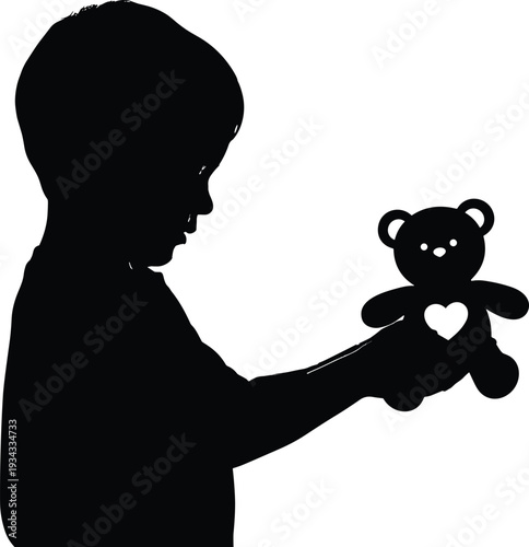 Silhouette of child holding adorable teddy bear with heart