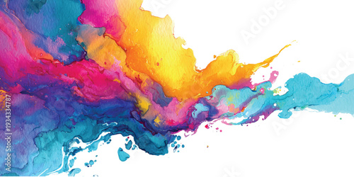 Vibrant Colorful Watercolor Splash Background with Ink Drops. Abstract Rainbow Paint Cloud and Artistic Watercolor Texture for Creative Header, Poster Design and Web Banner.