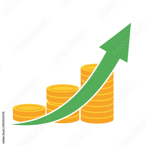 A green arrow pointing upwards, indicating growth, superimposed on three stacks of gold coins of increasing height.