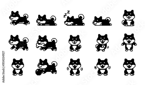 Shiba Inu Pixel Art Character Set Cute 8 Bit Dog Actions Retro Game Style Vector Collection