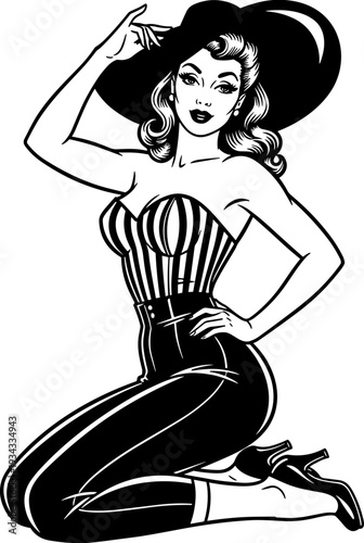 Retro pinup girl vector illustration featuring a vintage woman wearing a striped corset and wide brim hat in classic black and white style.