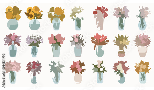 Beautiful Flower Bouquets in Glass and Ceramic Vases Colorful Floral Arrangement Vector Collection