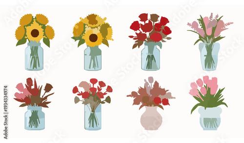 Colorful Floral Bouquet Collection with Roses Tulips and Sunflowers in Decorative Vases Vector Set