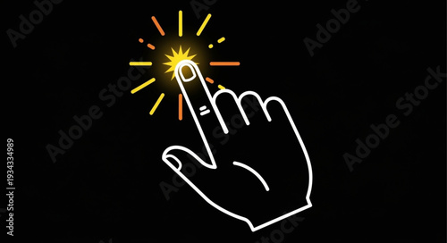 Finger pressing a glowing button with radiating light.